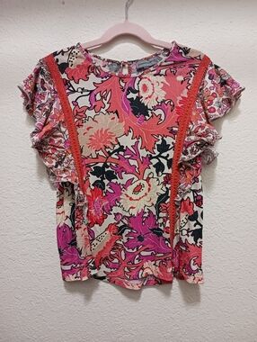 Floral Flutter Sleeve Top X-small, Pink, Coral, Purple, Orange -- Colorful!